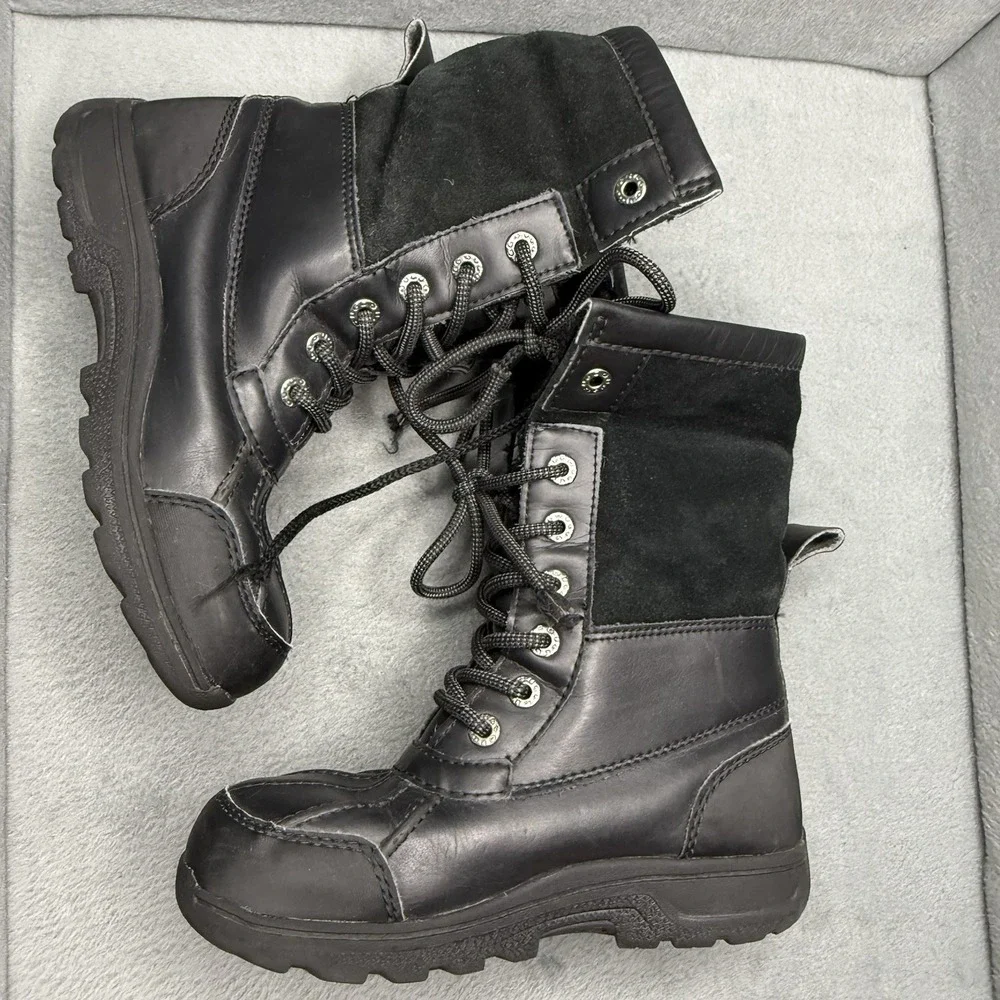 UGG Butte II CWR Kids Size 1 Black Waterproof Leather Lace-Up Snow Boots